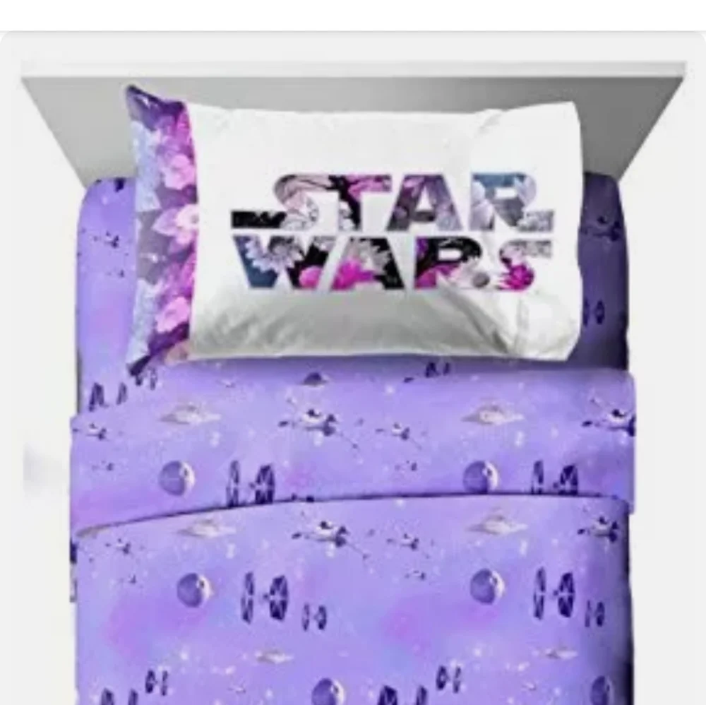 Star Wars Lavender Galaxy Queen Sheet Set with White Logo Pillowcases